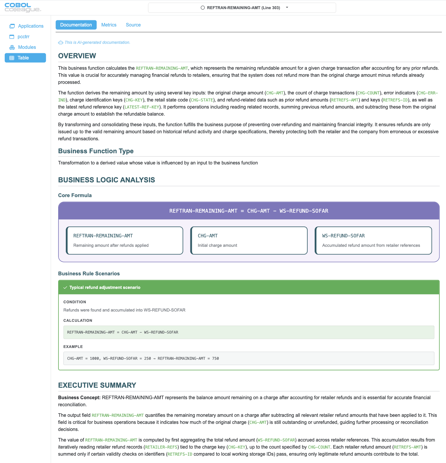 COBOL Colleague business function documentation showing extracted business logic analysis, core formula, and business rule scenarios