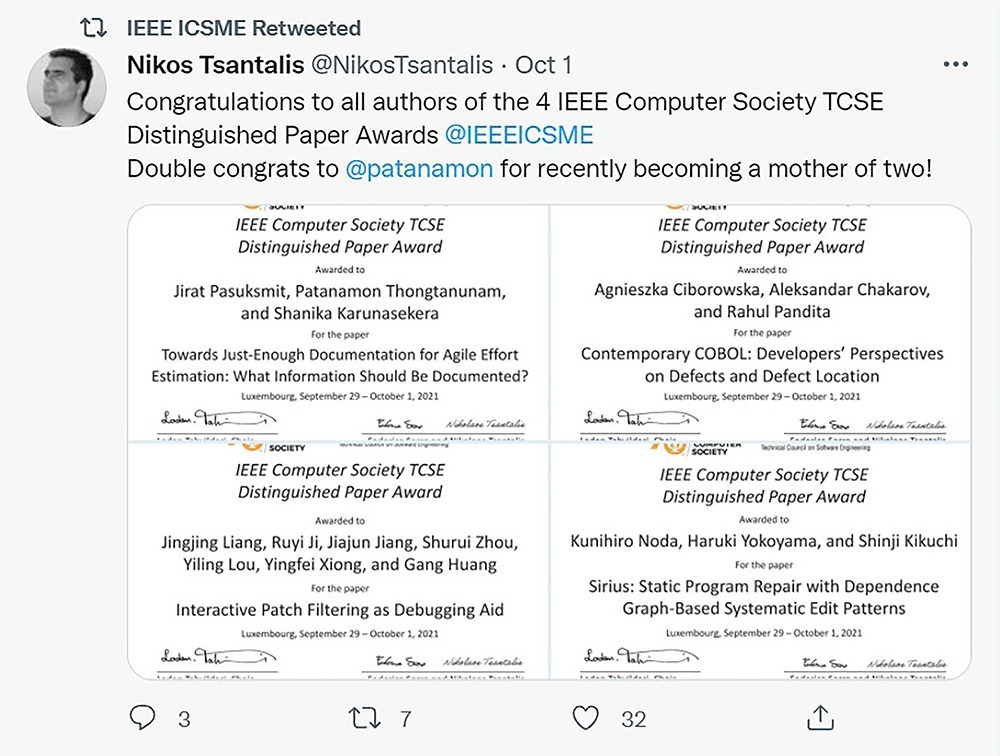 tsantalis tweet congratulating paper winners